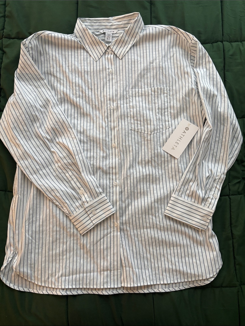 Athleta Women’s White Shirt with Navy Pinstripes